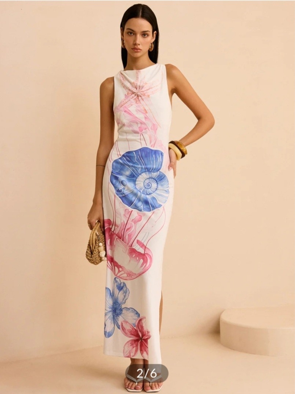 Commense Semi-Sheer Ocean Print Maxi Dress with Slit